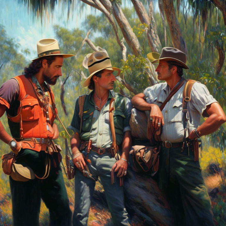 Men in Australian outback attire having serious conversation by a tree