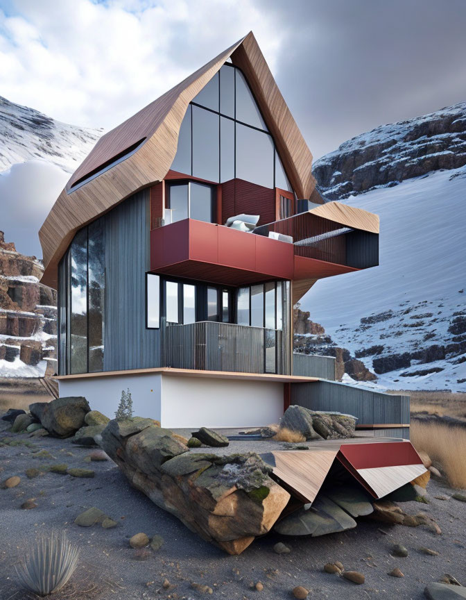 Geometric design modern house with large windows and snowy mountain backdrop