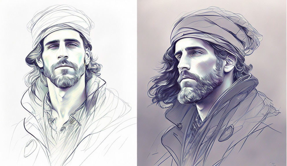 Man with Beard and Beanie in Cool Tones: Frontal and Side Views