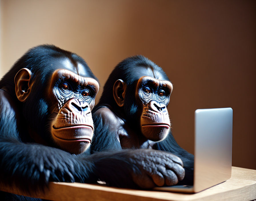 Chimpanzees observing laptop screen on wooden desk