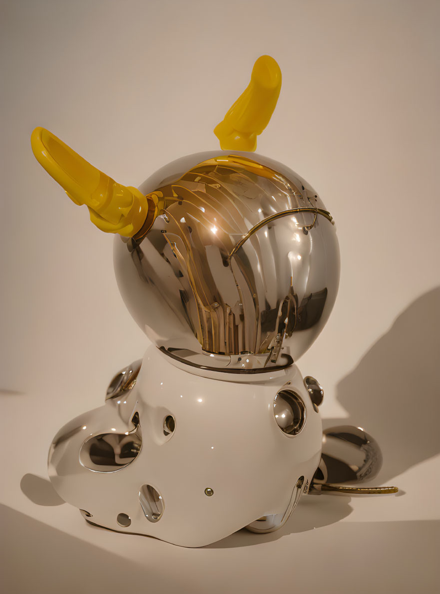 Reflective Silver Sculptural Artwork with Yellow Protrusions and White Base