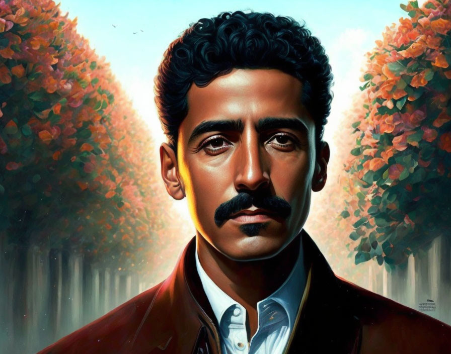 Portrait of a man with a mustache in brown jacket against autumnal background