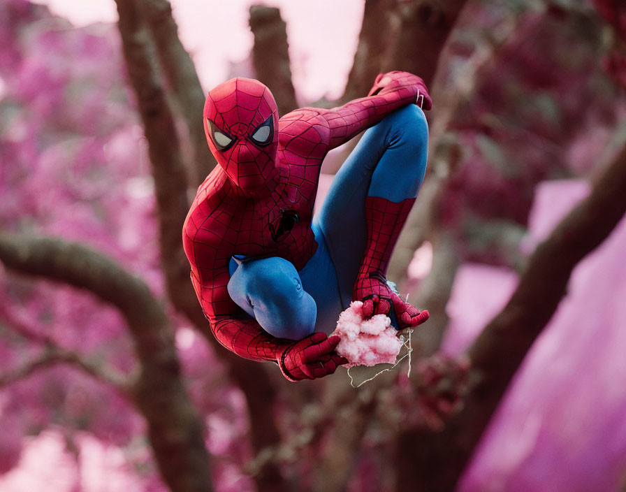 Person in Spider-Man costume crouching on tree branch with webbed hand, pinkish-purple background