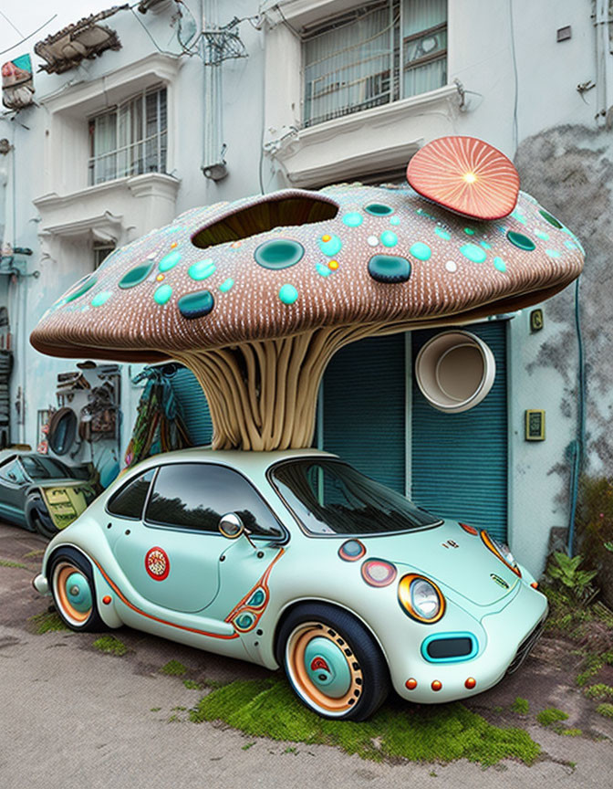 Mushroom-shaped structure on building with decorated car and cityscape.