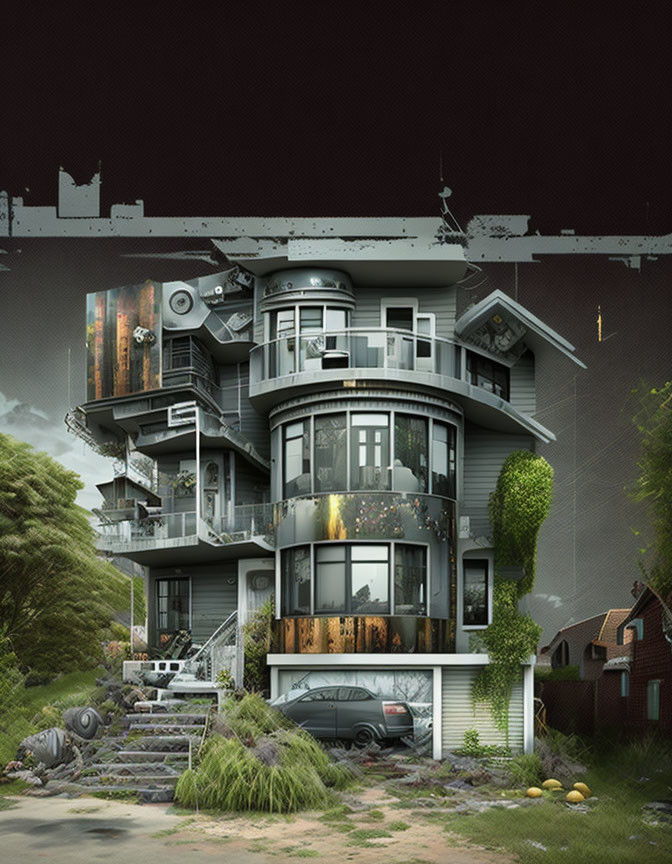 Surrealistic multi-story house with floating sections and stormy sky background.