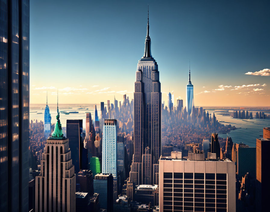 Iconic New York City skyline with Empire State Building under clear blue sky