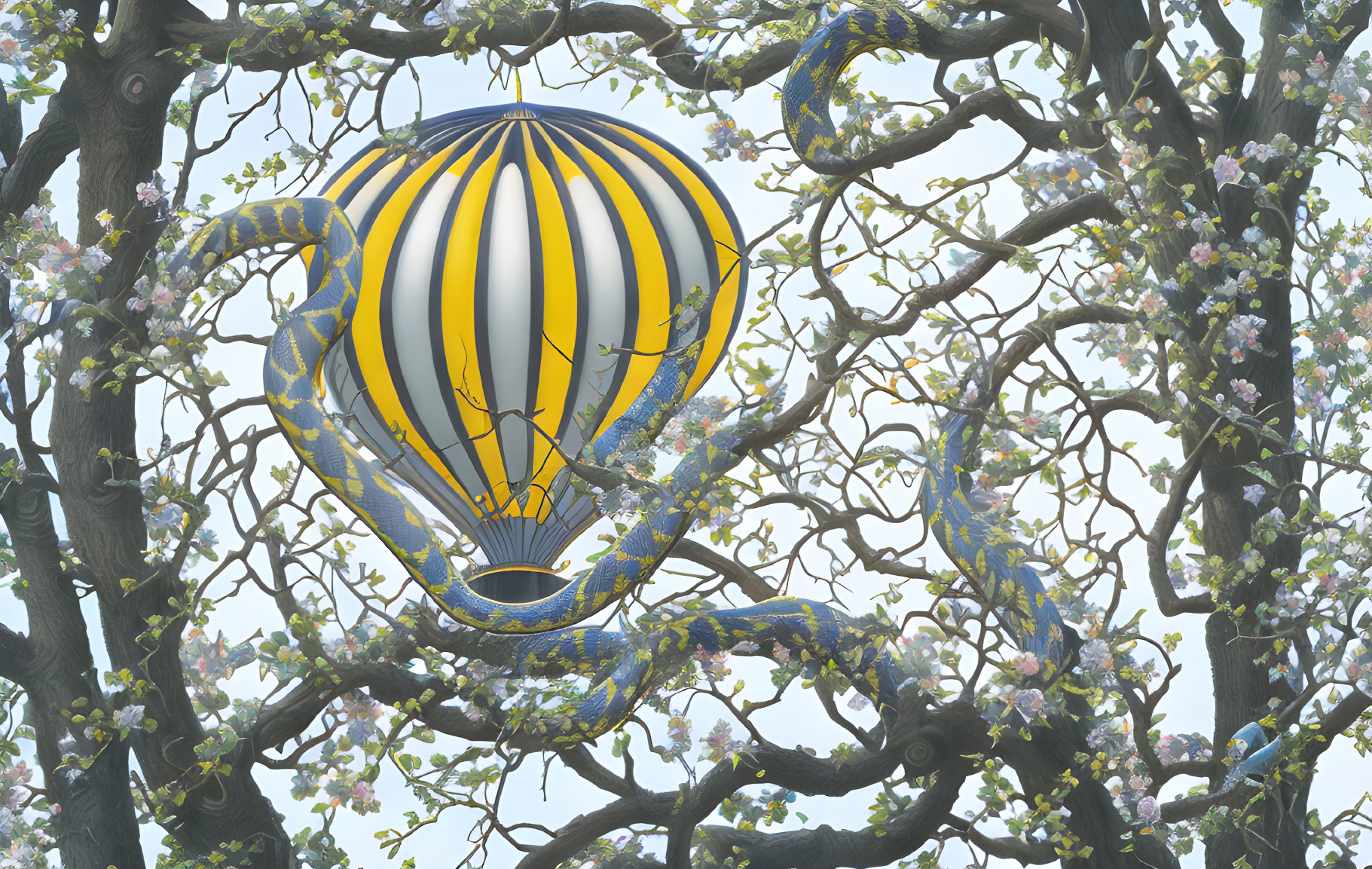 Yellow and Blue Striped Hot Air Balloon Caught in Blooming Tree Branches