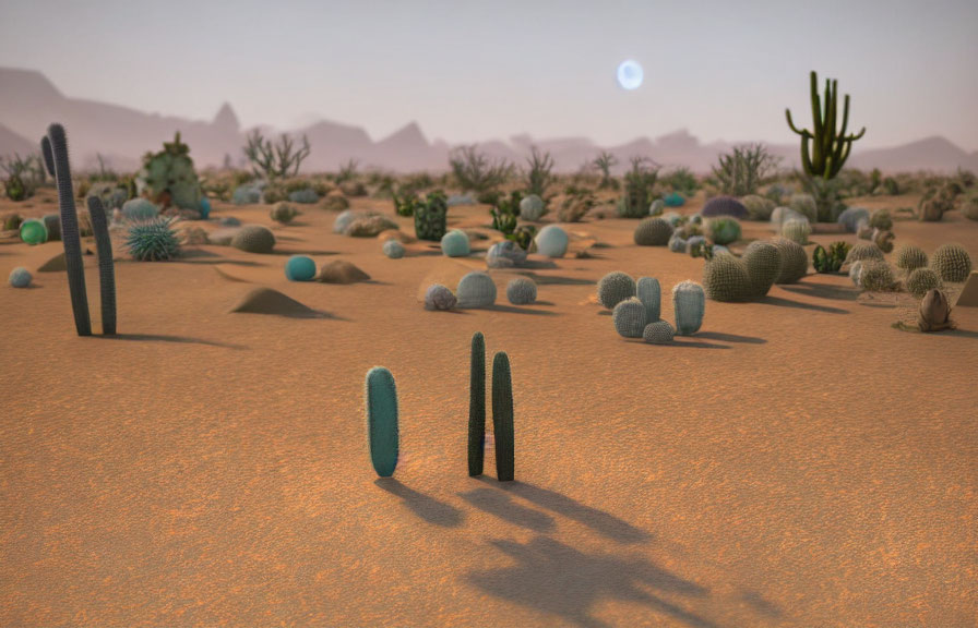 Dusk desert landscape with cacti and pale blue moon