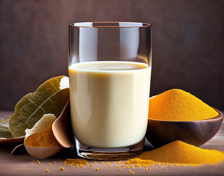 Turmeric Powder with Glass of Milk and Wooden Bowl