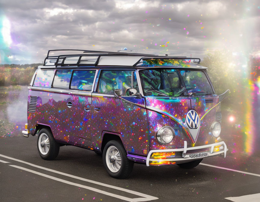 Colorful Volkswagen bus with iridescent paint in whimsical rainbow setting