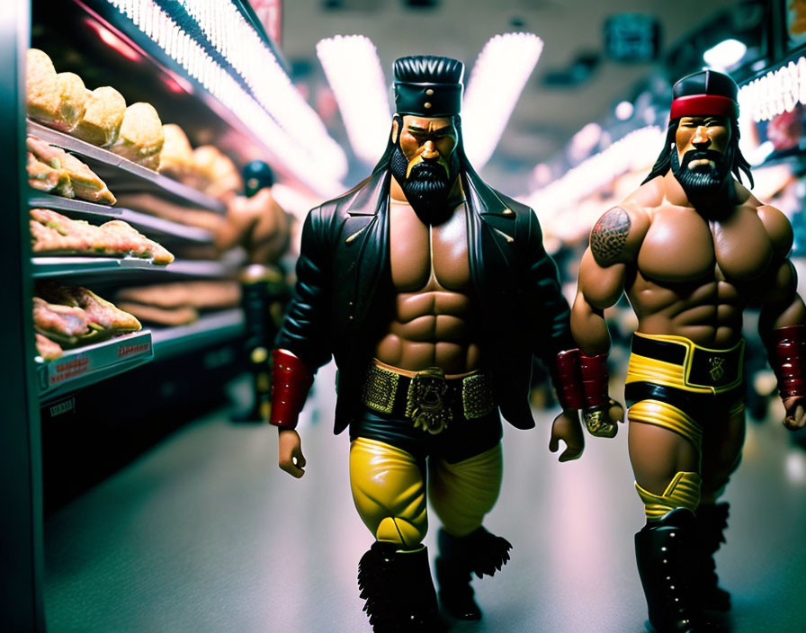 Wrestler-themed action figures in supermarket aisle scene