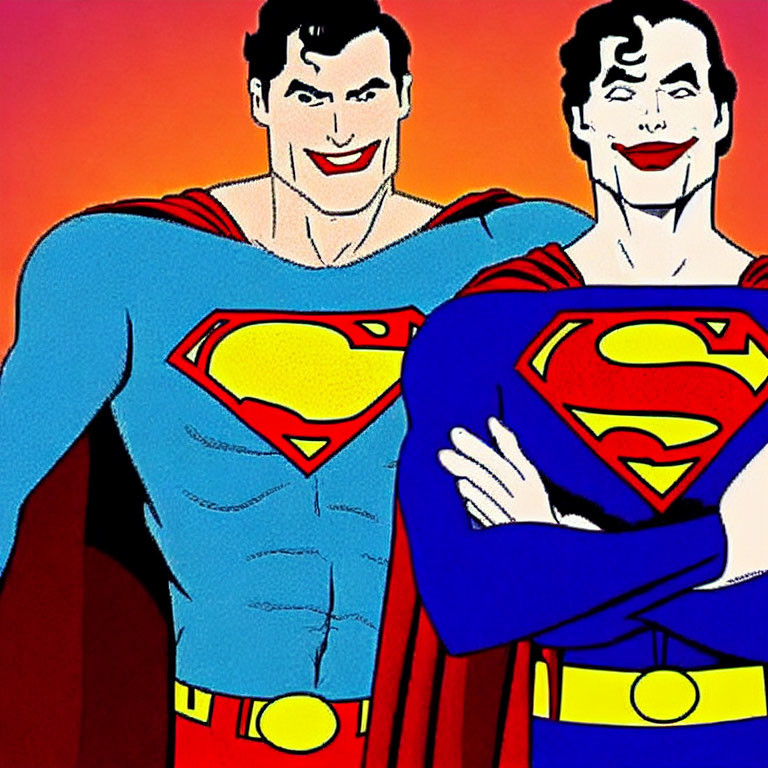 Dual Smiling Supermen with Red Capes on Colorful Background