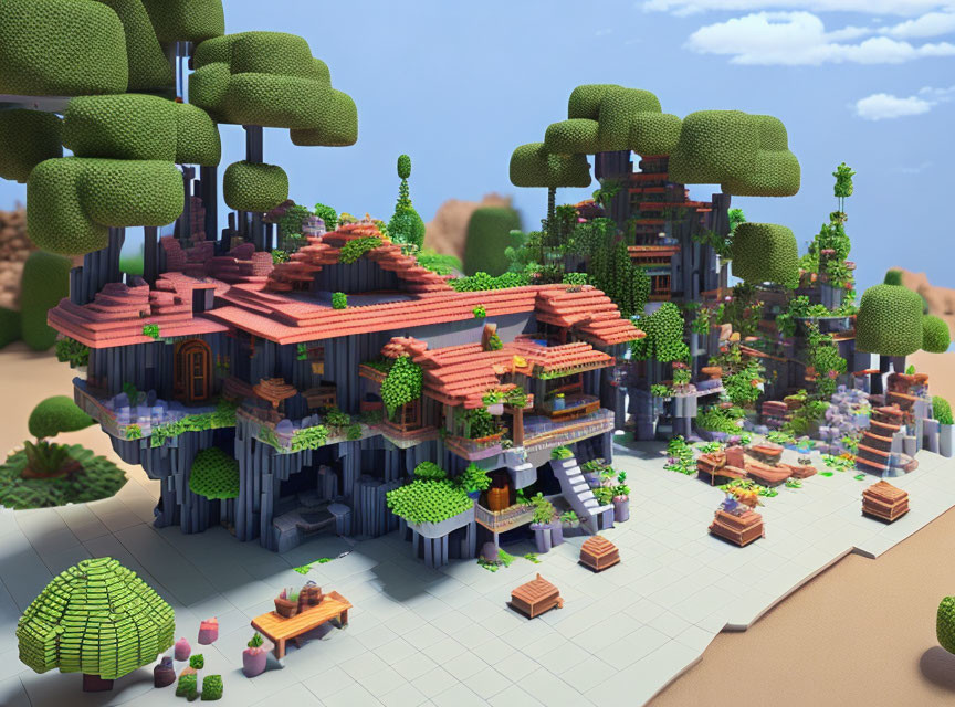 Fantastical Asian-inspired village with tiered buildings and stylized landscape