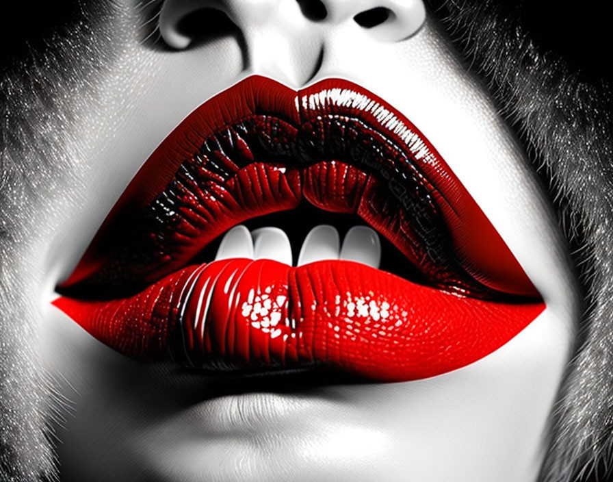 Vibrant red lips with glossy lipstick against monochrome background