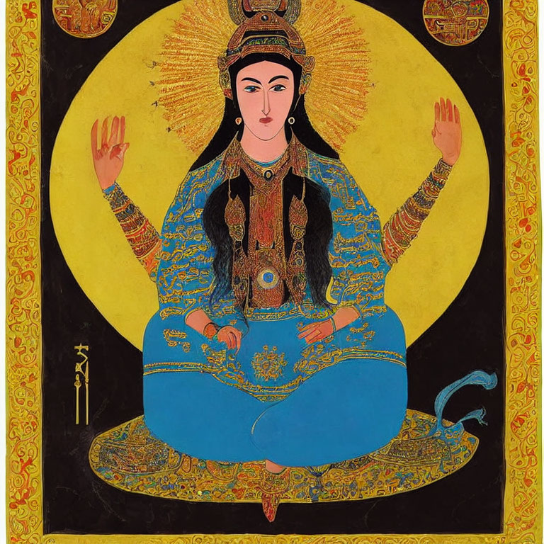 Intricate painting of seated multi-armed female figure