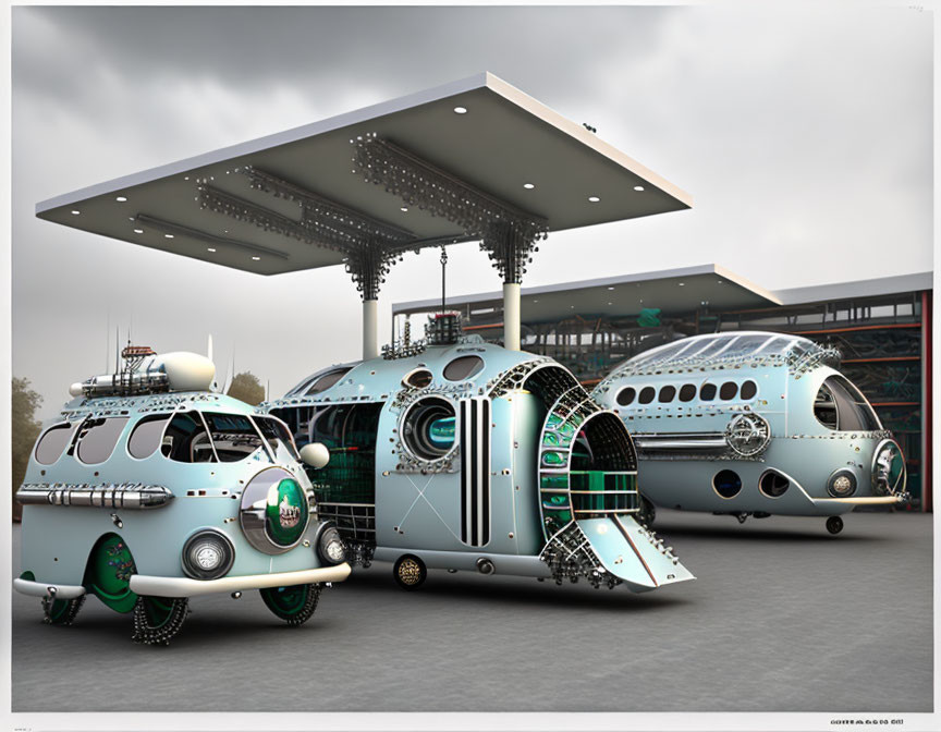 Futuristic retro-styled illustration of spherical vehicle and trailer parked near metallic building