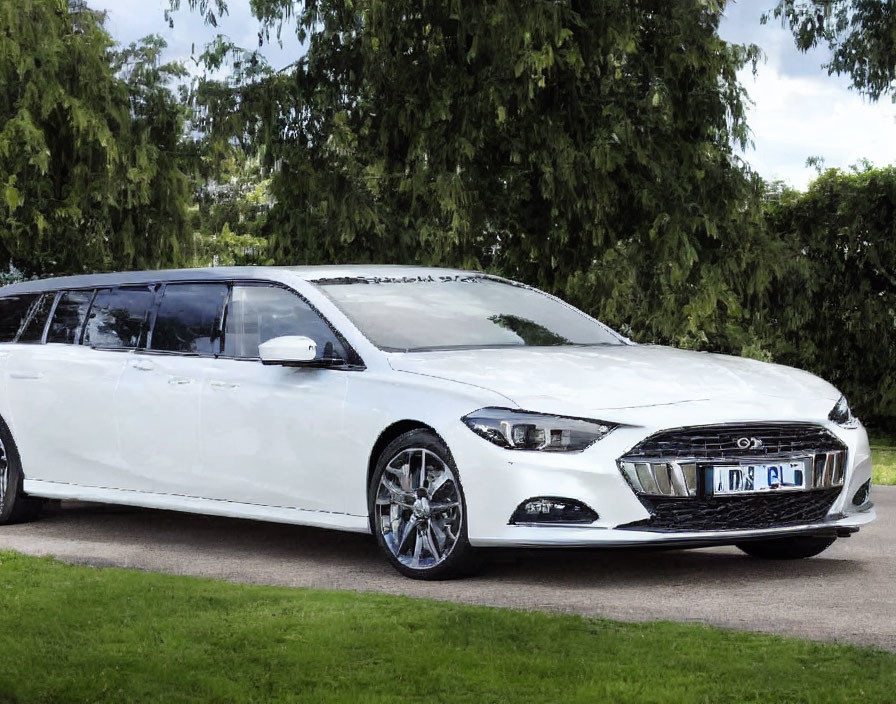 Luxury white stretched limousine in lush green setting