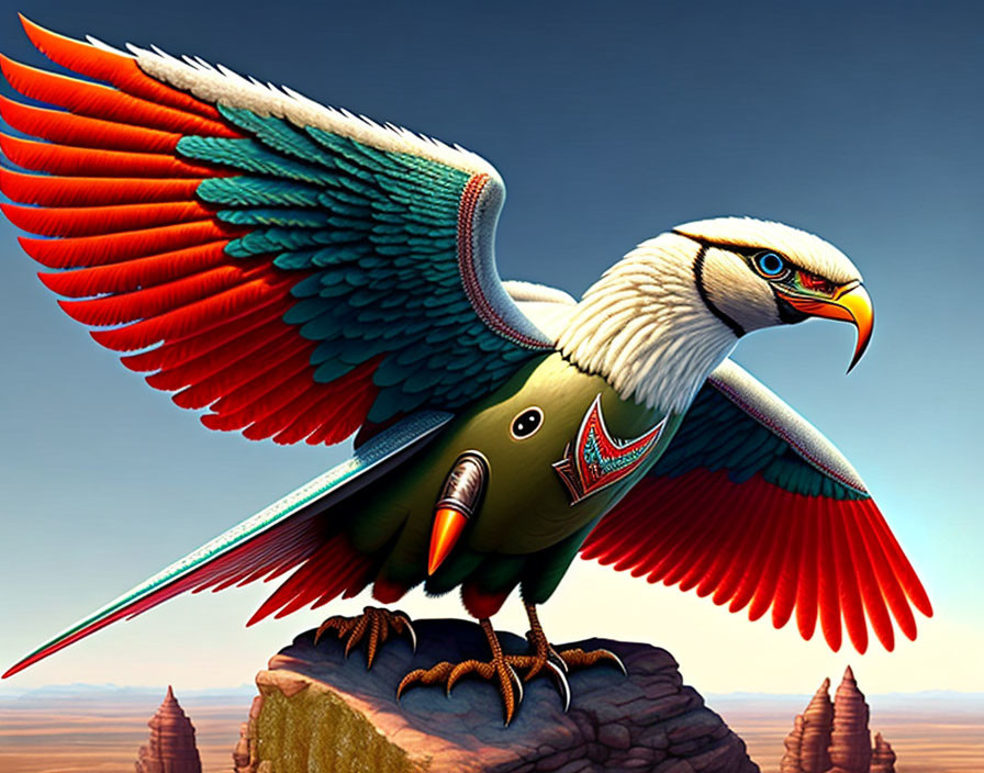 Colorful mechanical eagle perched on desert rock.