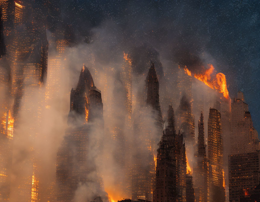 Cityscape engulfed in flames against dusk sky