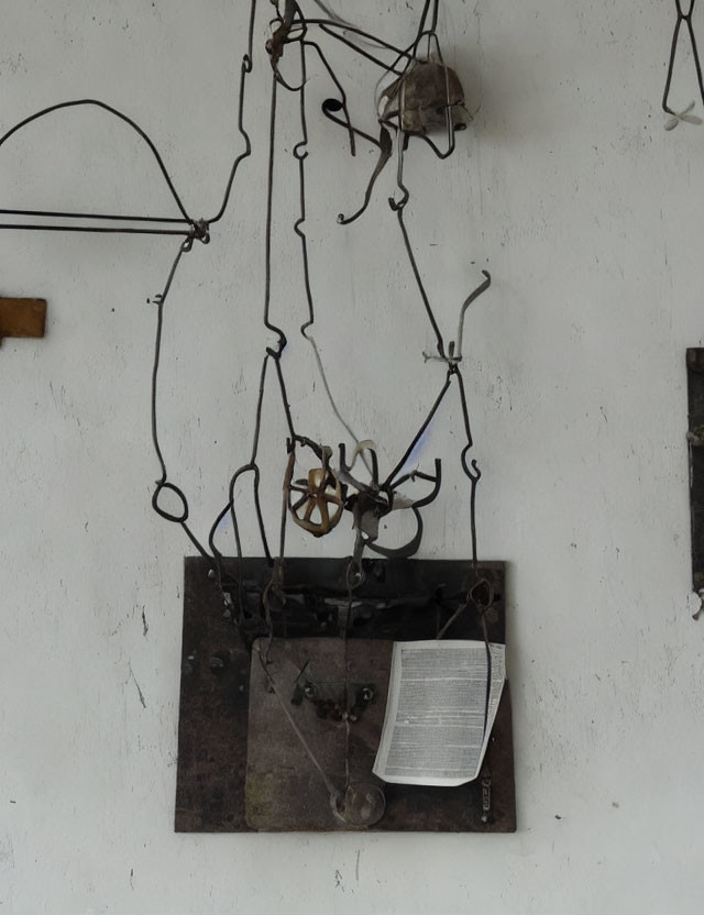 Abstract Metal Wall Art with Wires, Gears, and Paper on White Wall