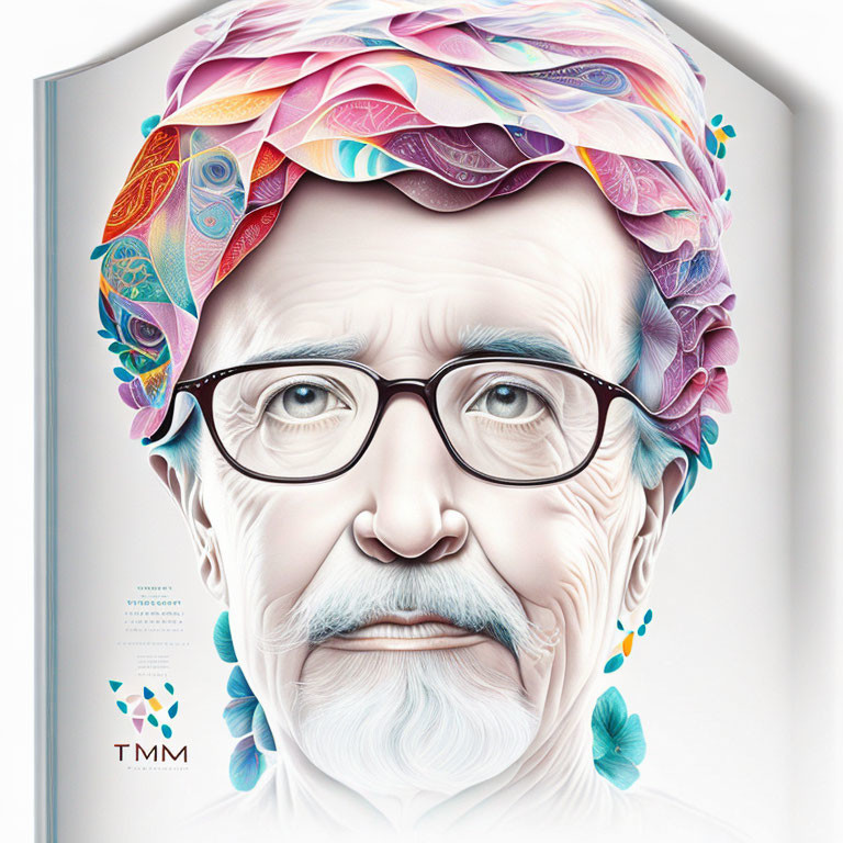 Vibrant digital portrait of older person with whimsical multicolored hairstyle