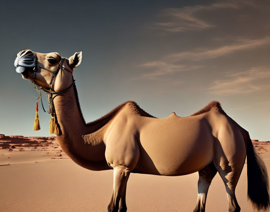 Decoratively harnessed camel in desert landscape