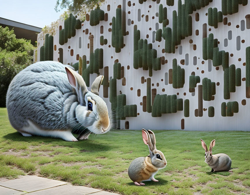 Giant Rabbit Sculpture with Two Smaller Ones in Garden Setting