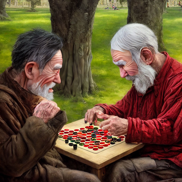 Elderly Men Playing Strategic Board Game in Serene Park