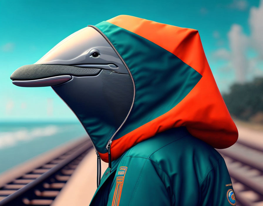 Digital artwork: Dolphin-human hybrid in colorful hoodie on rail tracks.