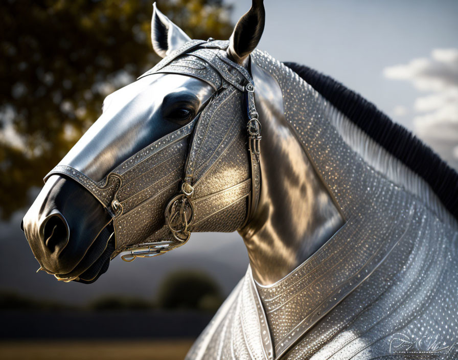 Gray horse with intricate bridle and white blanket under warm light, mountain backdrop