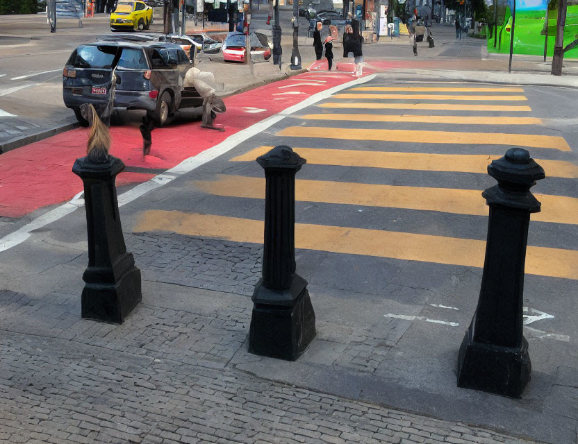 Urban Crosswalk Scene with Pedestrians and Ornamental Posts