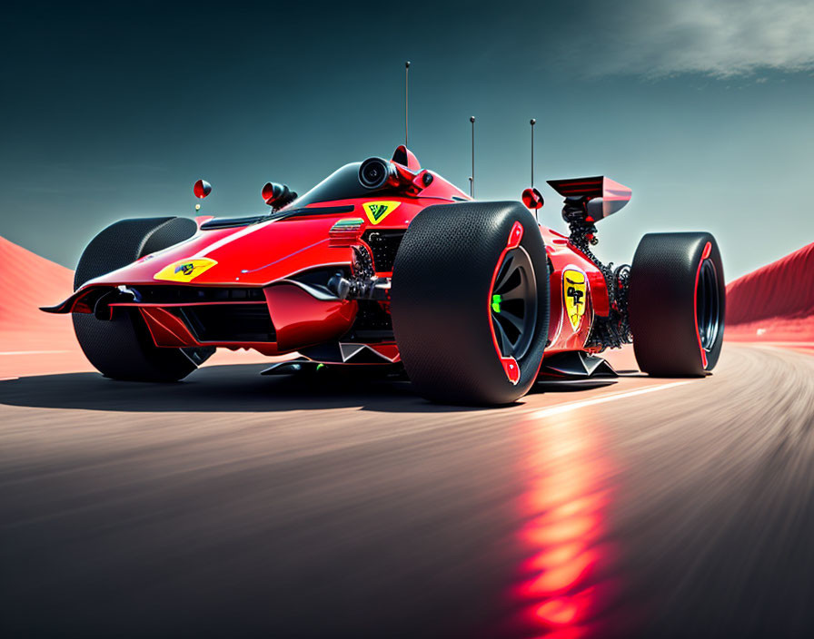 Red Formula 1 race car with Ferrari logo on speed track.