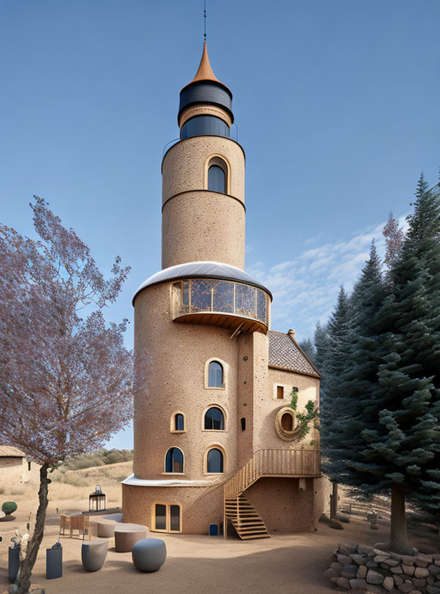 Multi-story Tower House with Pointed Roof & Spiral Staircase in Tranquil Landscape