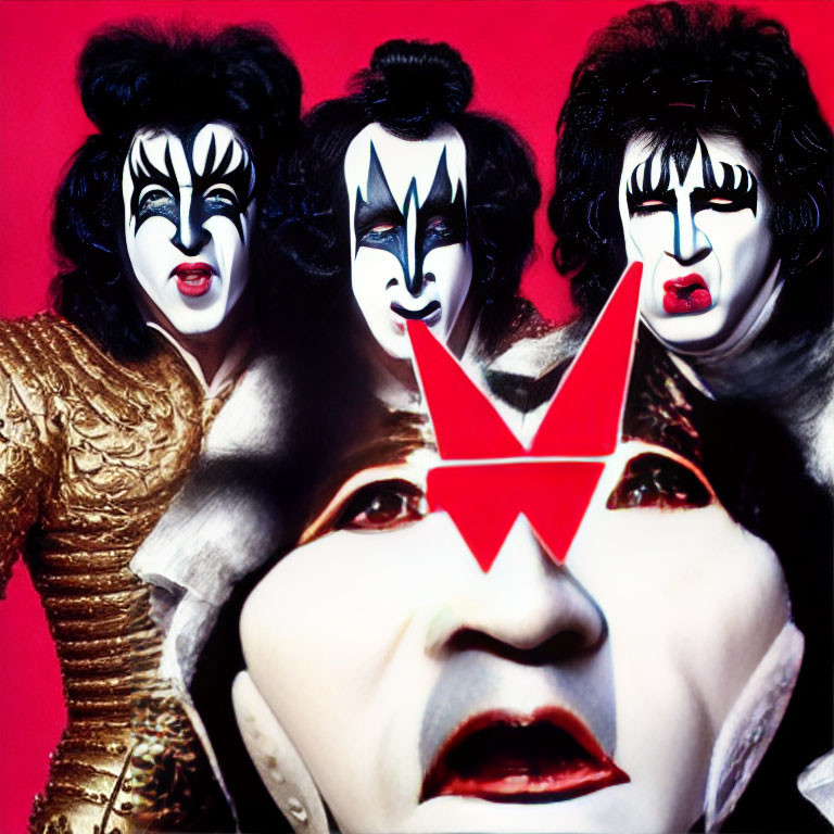 Four individuals with black and white face paint on red background with "V" symbol