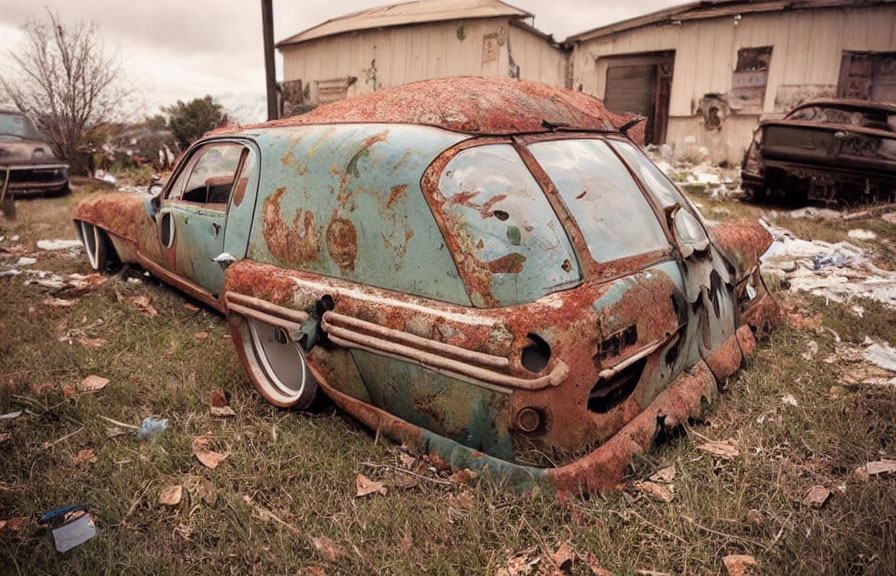 Rust-Covered Vintage Car Abandoned in Field with Teal Paint