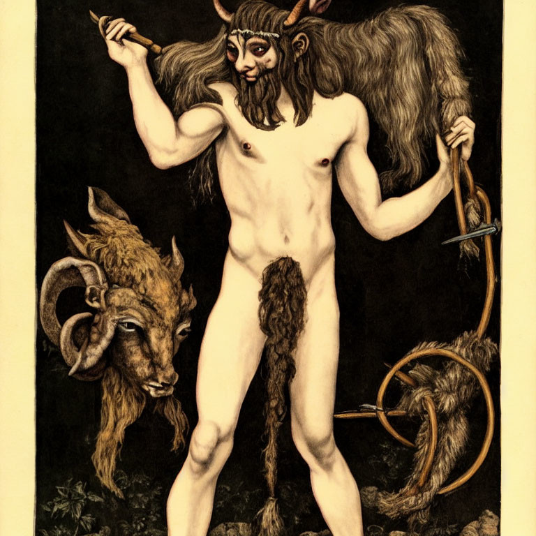 Mythological creature with goat head and man body in dark tones