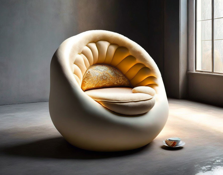 Modern Shell-Shaped Armchair in Creamy White and Gold Interior Setting