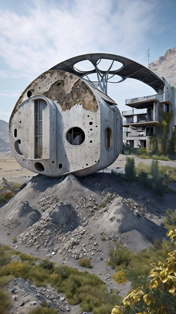 Dilapidated futuristic concrete structure in barren landscape