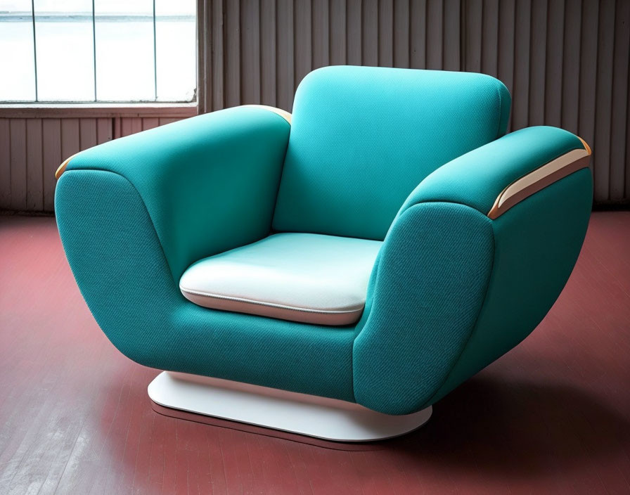 Stylish turquoise armchair with white accents in room with pink wall & wooden floor