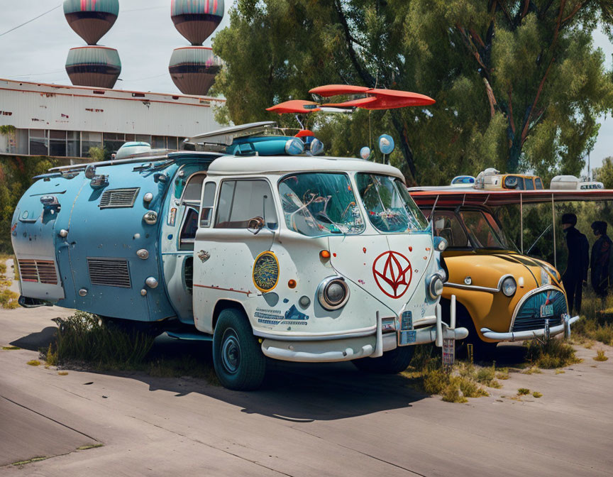 Vintage Bus, Trailer, Classic Car, and Hot Air Balloons in Field