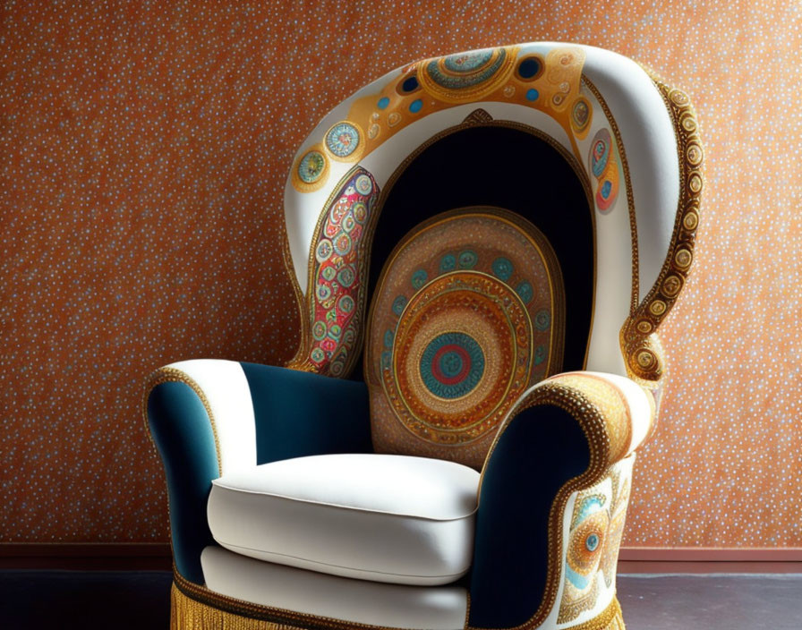 Colorful Armchair with Gold Accents on Orange Wallpaper