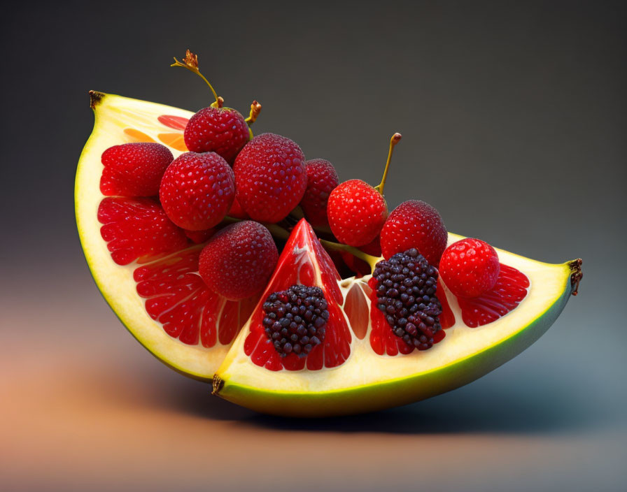 Ripe banana slice with berries and citrus on gradient background