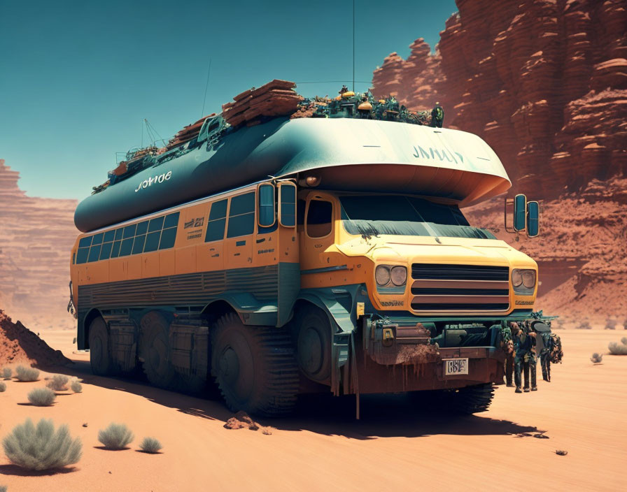 Converted Yellow School Bus Mobile Home in Desert Landscape