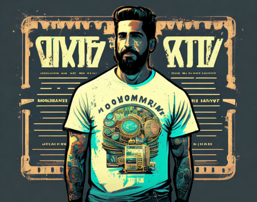 Stylized graphic image: Bearded man with tattoos and retro camera in chest, vintage text elements