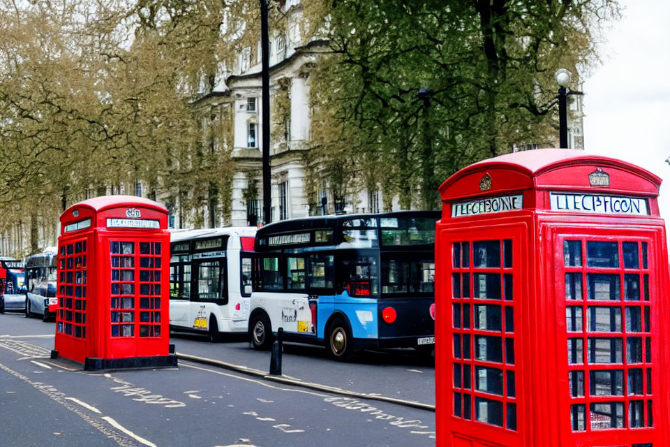 London street scene with red telephone boxes and double-decker bus