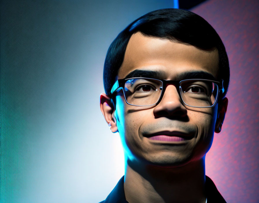 Smiling person with glasses in close-up against blue-lit backdrop