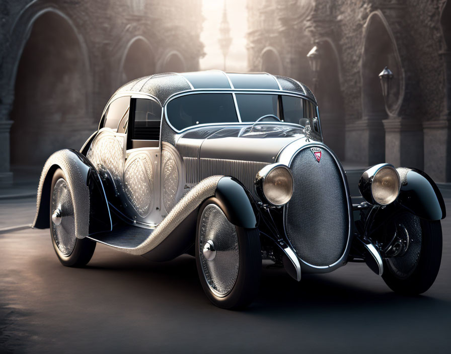 Vintage luxury car outside grand building with ornate arches: elegant design and classic style.