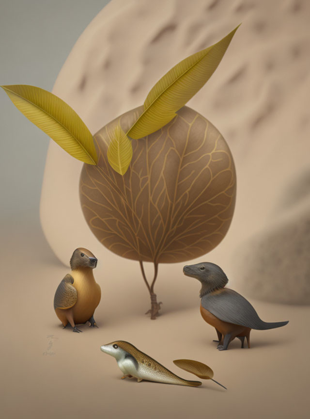 Stylized bird, mongoose, and fish with legs gazing at tree silhouette on egg.