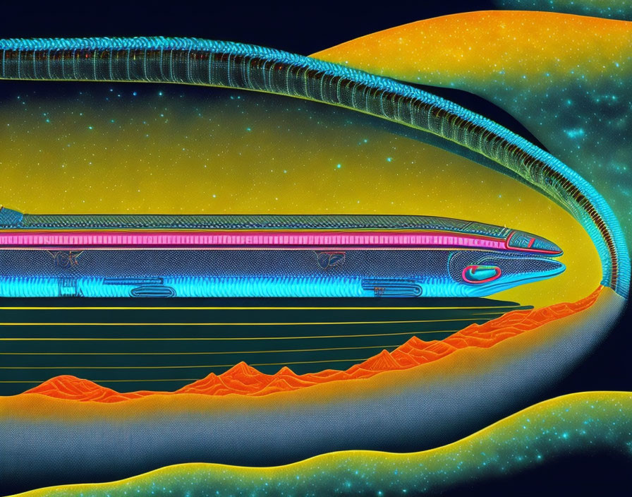 Futuristic train in transparent tube crosses orange desert at night