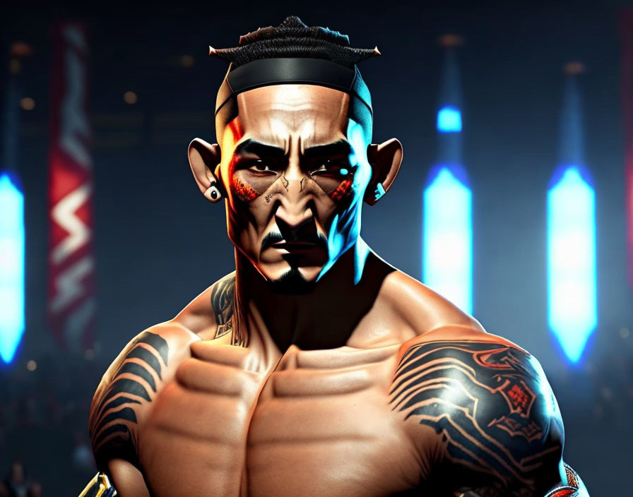 Muscular male character with mohawk and cybernetic eye in futuristic arena.